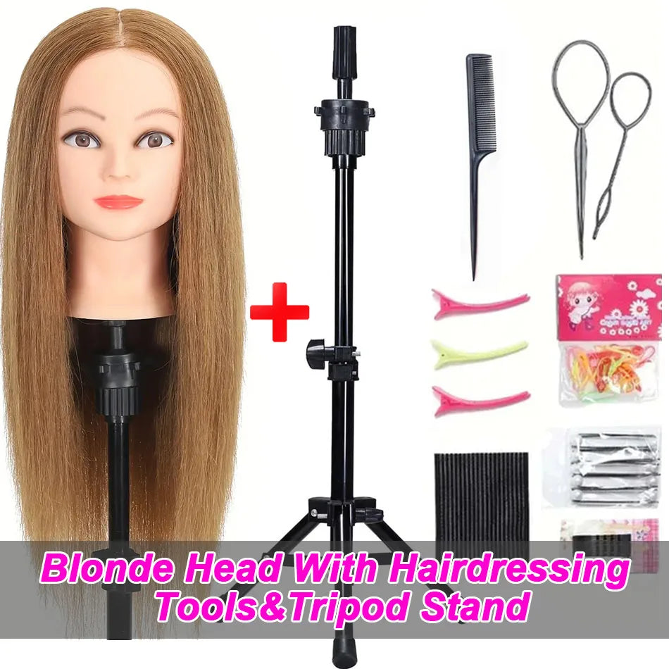 100% Human Hair Mannequin Head for Cosmetology Styling Training Practice Can Be Curled Straighten Professional Mannequin Head