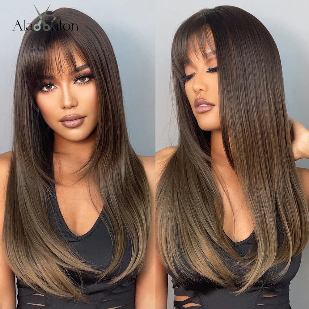 ALAN EATON Cosplay Silver Gray Synthetic Wig for Women Natural Long Silk Straight Wigs With Bangs for Women Girl Heat Resistant