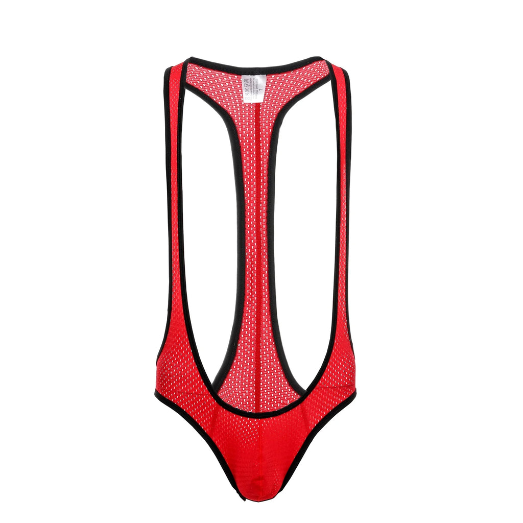 Mesh Sexy Lingerie Bodysuit Mens Backless One Piece Jockstrap Wrestling Singlet Bondage Mankini Body Suit Briefs