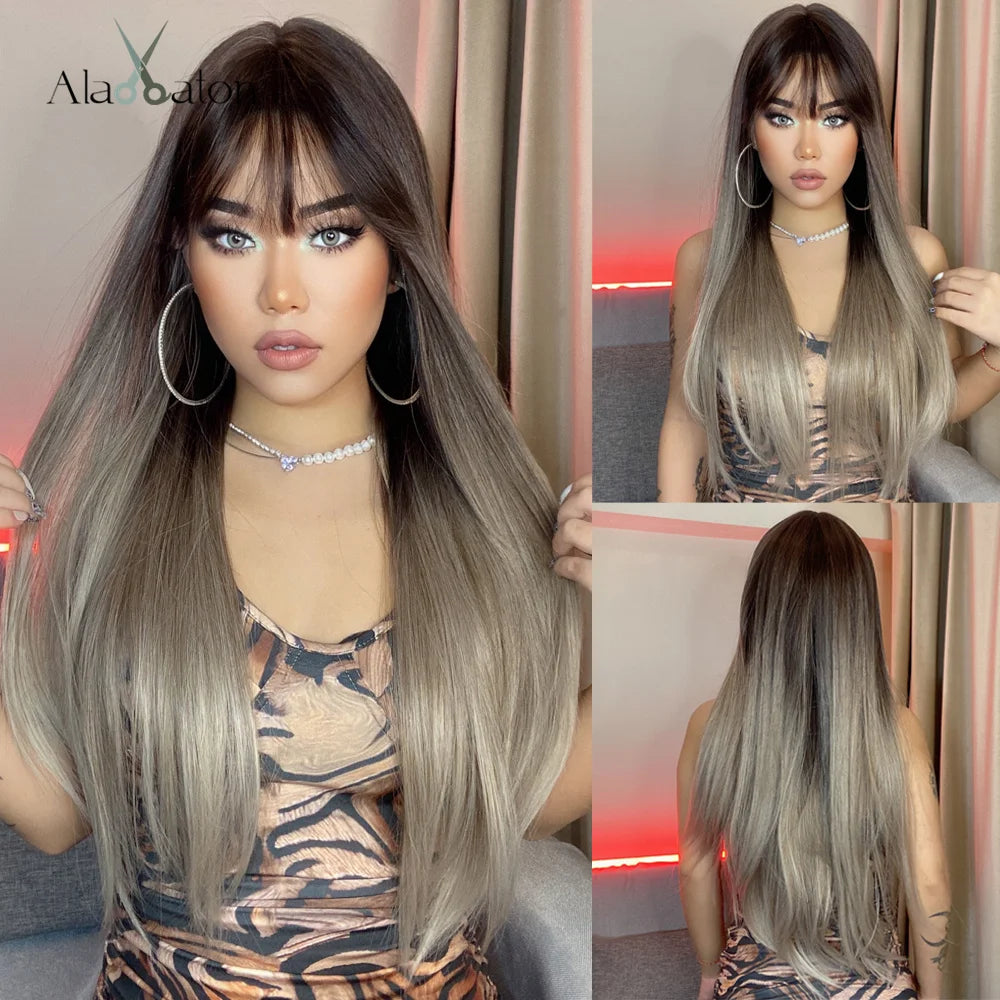 ALAN EATON Cosplay Silver Gray Synthetic Wig for Women Natural Long Silk Straight Wigs With Bangs for Women Girl Heat Resistant