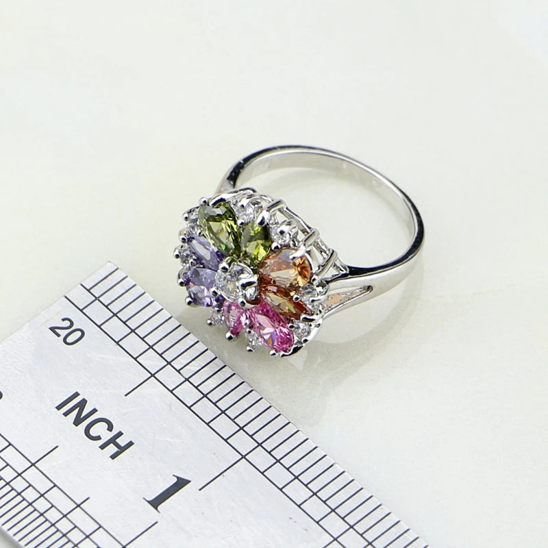 925 Silver Jewelry Flower Multi-color stones Jewelry Sets For Women Wedding Earrings/Pendant/Necklace/Rings