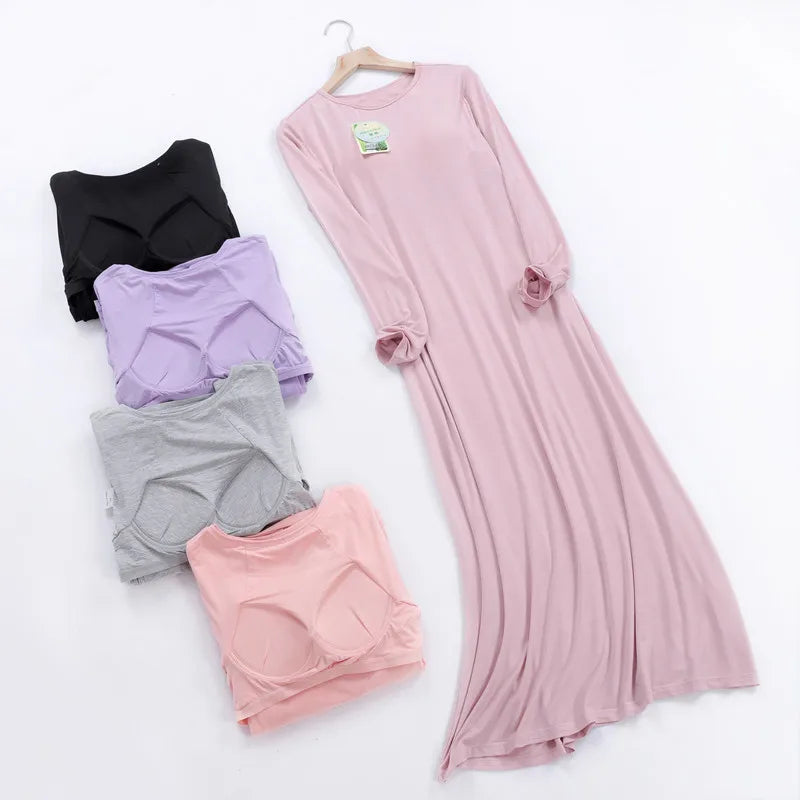 2025 New Nightgowns Women Spring Autumn Long Dress Modal Cotton Nightwear Nightdress Female Bra Padded Plus Size Nightshirt