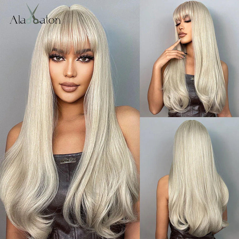 ALAN EATON Cosplay Silver Gray Synthetic Wig for Women Natural Long Silk Straight Wigs With Bangs for Women Girl Heat Resistant