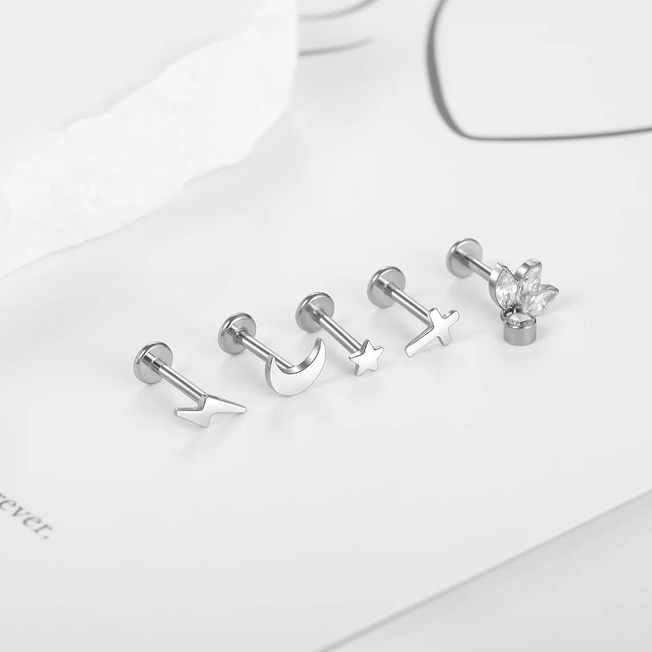 1PC G23 Titanium Star Moon Cross Stud Earring for Women Lip Rings Labret Piercing Ear Tragus Helix Piercings Body Jewelry