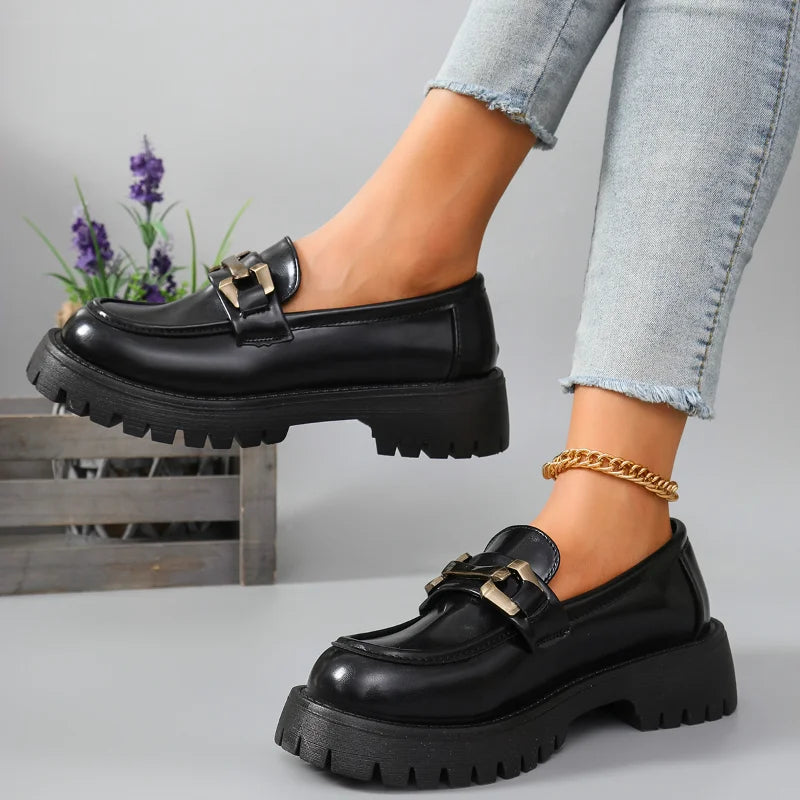 2026 Female Shoes Women Fashion Mary Janes Round Toe Flats Loafers Oxfords Platform Casual Metal Chain Buckle Ladies Heels Black