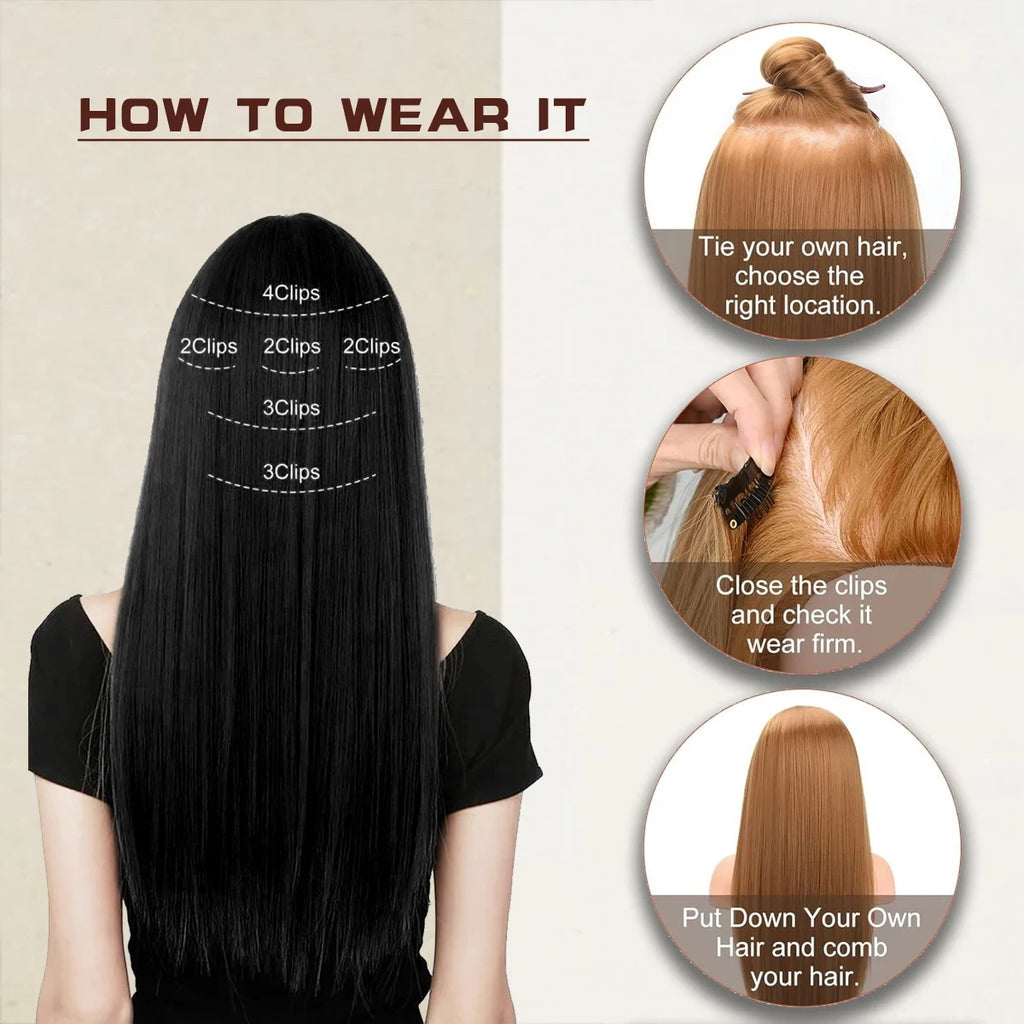 Synthetic 6pcs/set Long Straight Hair Extensions Ultra-Invisible Full Head Clip in Hair Extensions 24Inch for Women Daily Wear