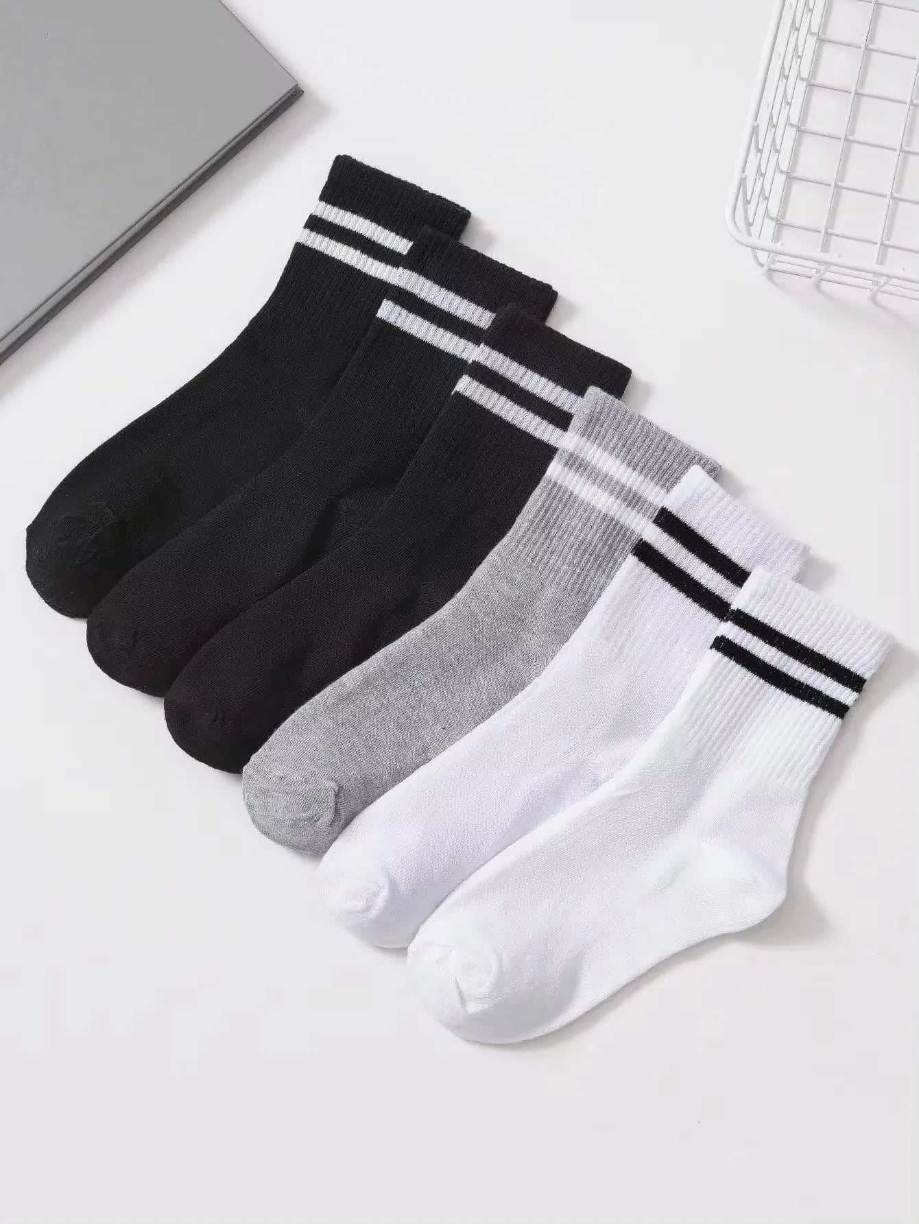 6 Pairs Women's High Tube Mid Length Stockings Set in Pure Black And White With Parallel Bars Popular and Sweat Absorption