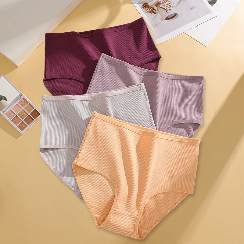 FINETOO 4 Pieces High Waist Women's Unicolor Seamless Panties Oversized Women's Underwears Solid Color S-XXL Cotton Pantys
