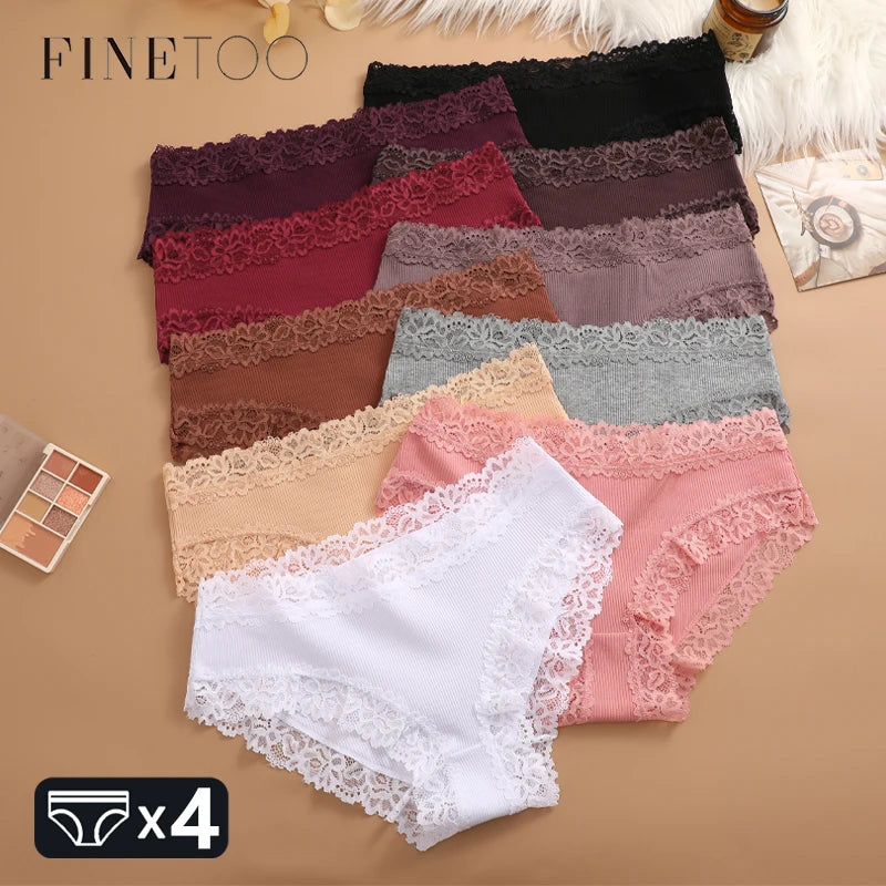 FINETOO 4Pcs Cotton Ribbed Striped Underwear Women's Lace Panties Sexy Floral Comfortable Briefs Low-Waist Breathable Lingerie