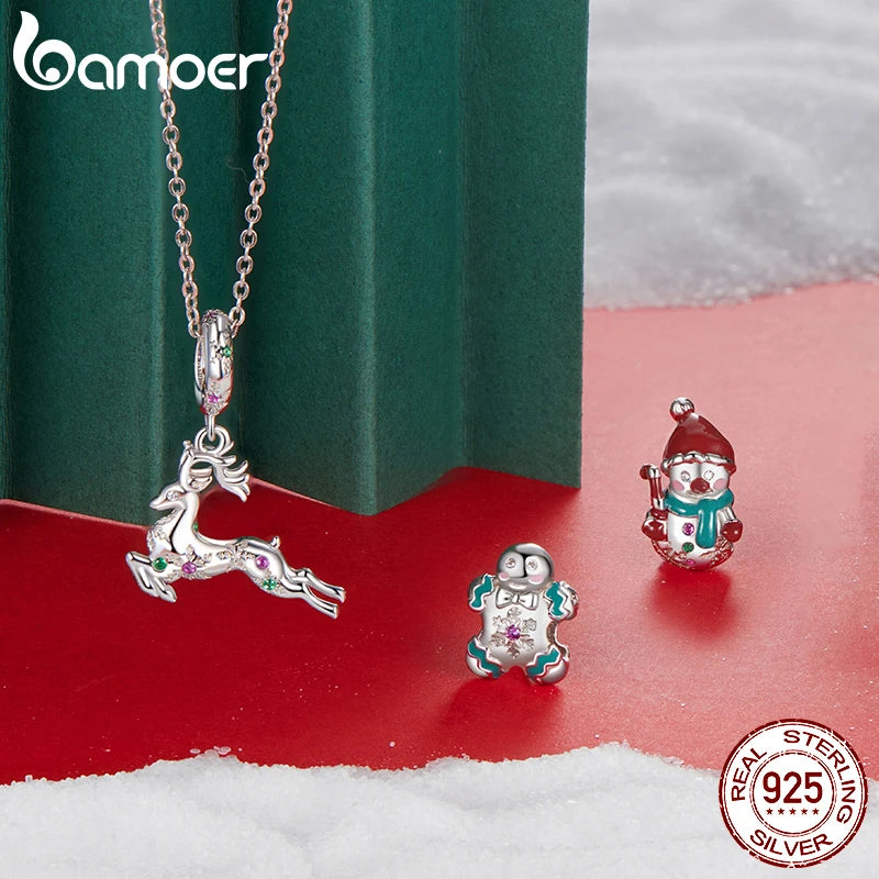 BAMOER Solid 925 Sterling Silver Xmas Series Charm Bead fit Original Bracelet DIY Bamoer Charm for Jewelry Making Christmas Gift