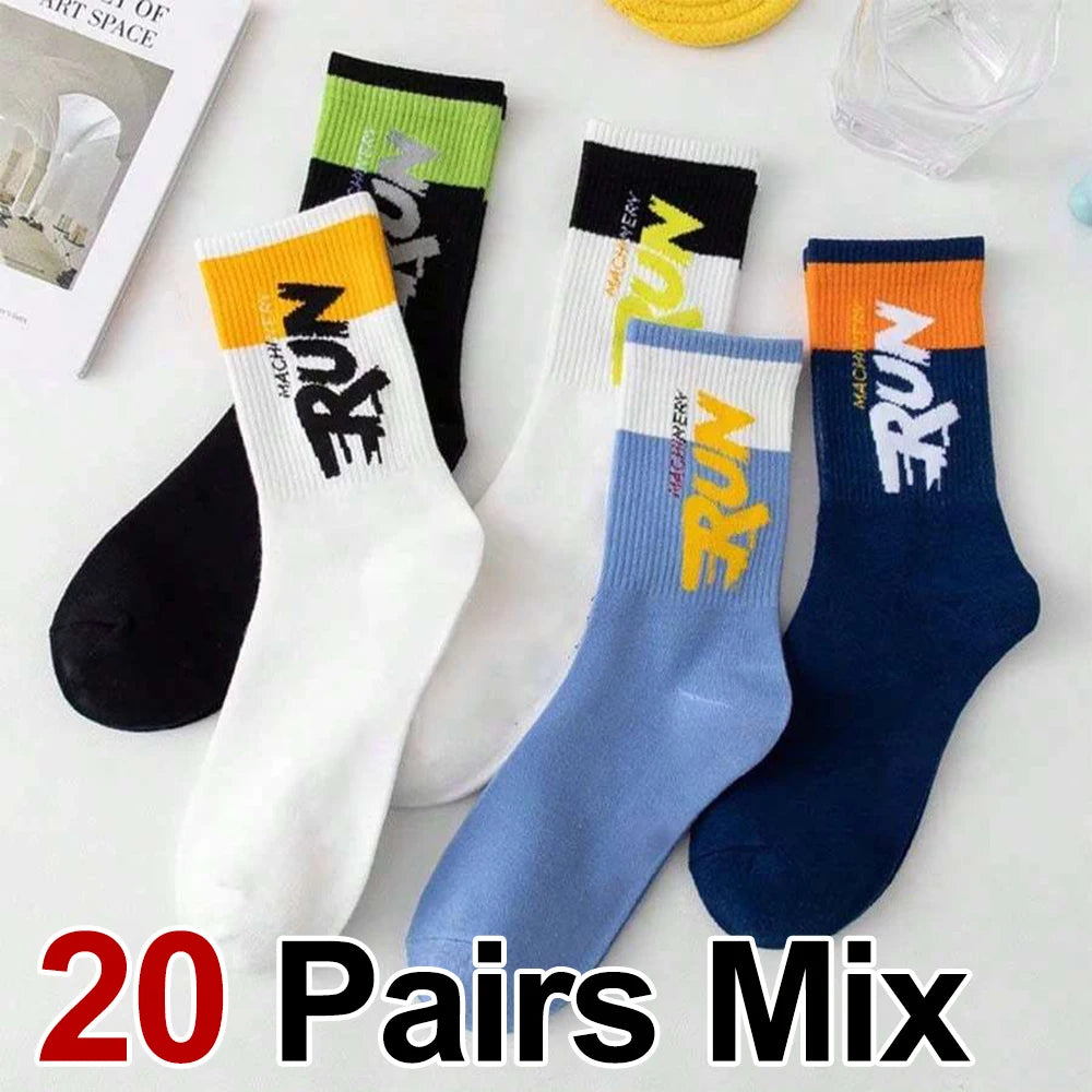 5/10/20 Pairs Men Color Blocked Round Neck Mid Tube Socks Sweat Wicking Breathable All Season Basketball Sports Casual Socks
