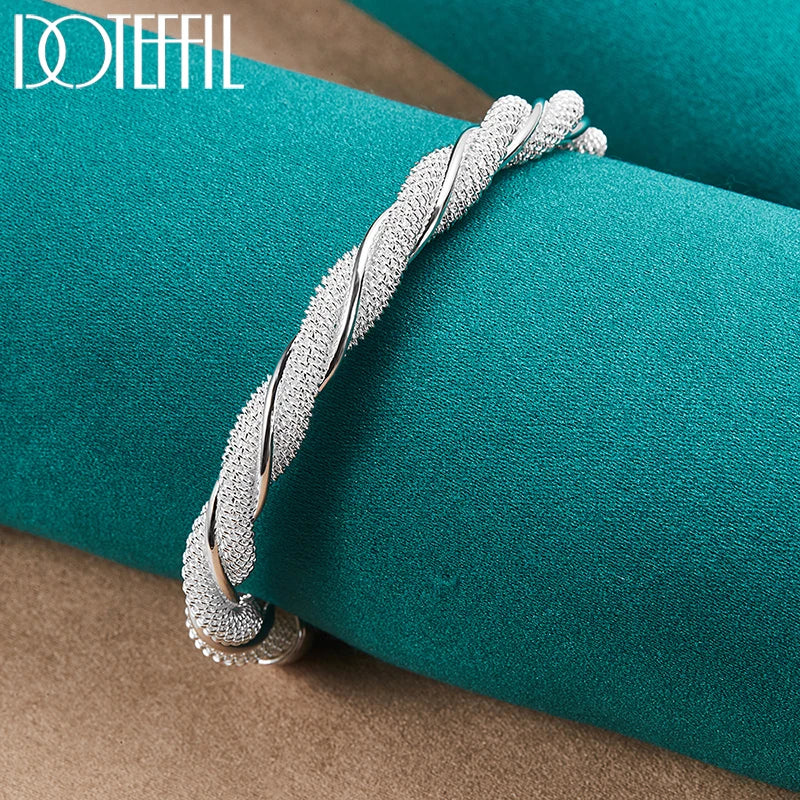 DOTEFFIL 925 Silver Sterling Mesh Wide Braided Bangle Wristband Bracelet For Women Man Jewelry Bijoux Punk Jewelry