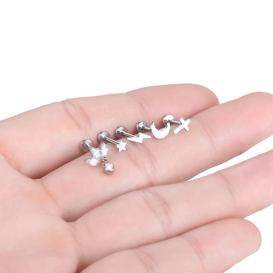 1PC G23 Titanium Star Moon Cross Stud Earring for Women Lip Rings Labret Piercing Ear Tragus Helix Piercings Body Jewelry