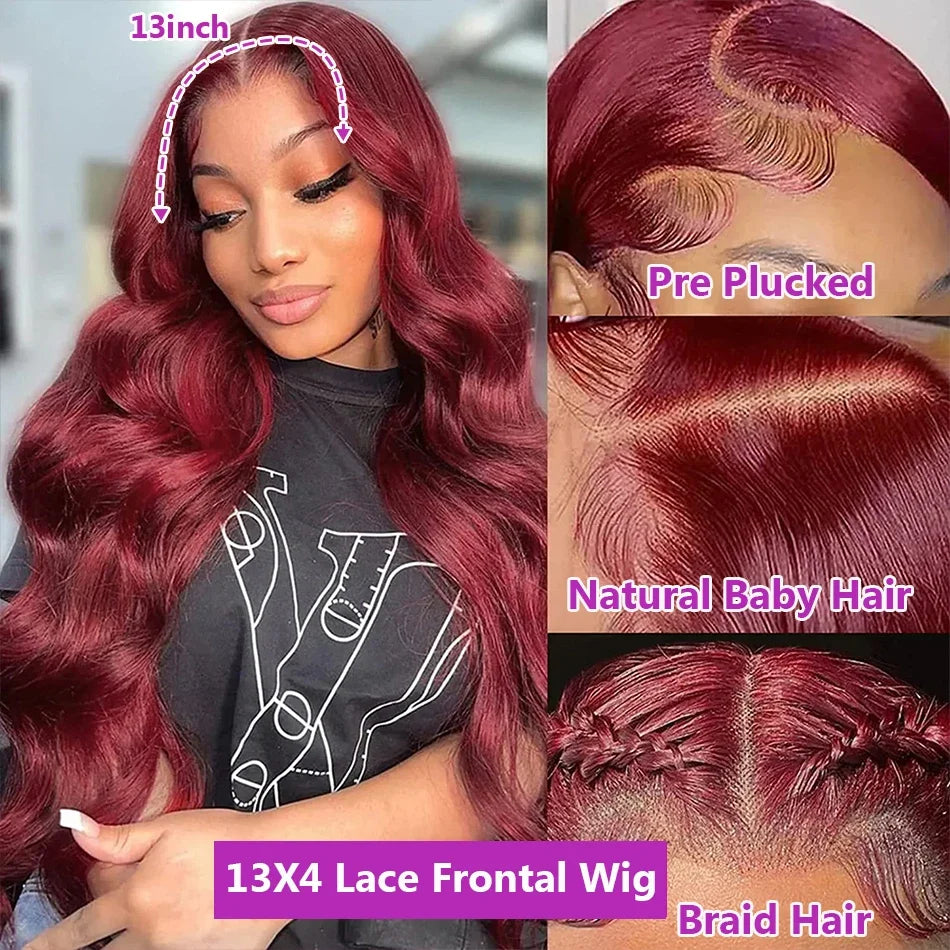 99j Burgundy Lace Front Human Hair Wig 13x4 Pre Plucked Transparent Lace Colored Body Wave 13x6 Hd Lace Frontal Wigs For Women