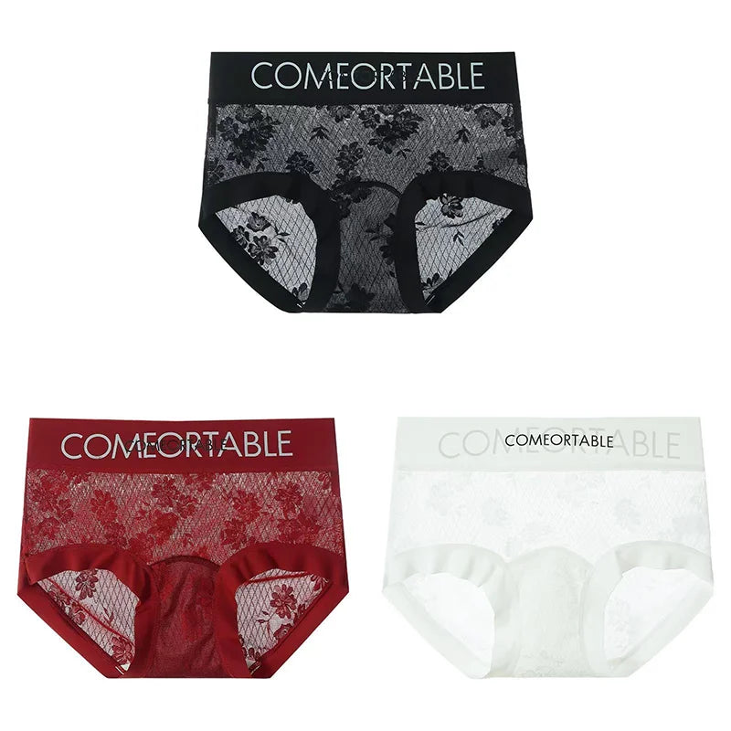 3PCS Women Sexy Lace Panties Mulberry Silk Antibacterial Hollow Out Underwear Plus Size Floral Perspective Briefs