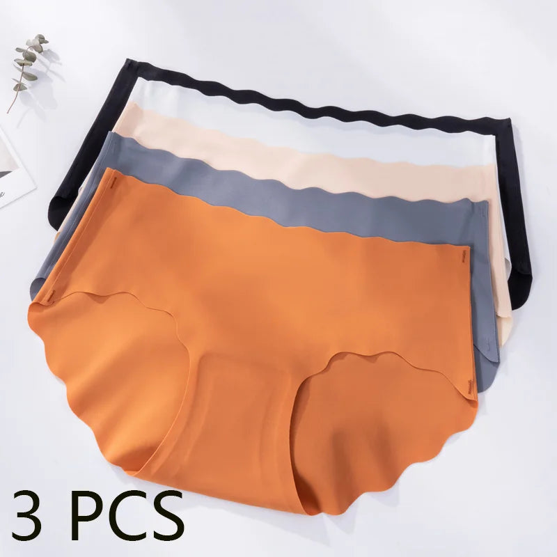3Pcs/Set Seamless Underwear Silk Women's Solid Color Panties Lady Ruffle Underpants Girls Briefs Invisible Panty Sexy Lingerie