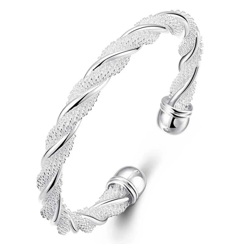 DOTEFFIL 925 Silver Sterling Mesh Wide Braided Bangle Wristband Bracelet For Women Man Jewelry Bijoux Punk Jewelry