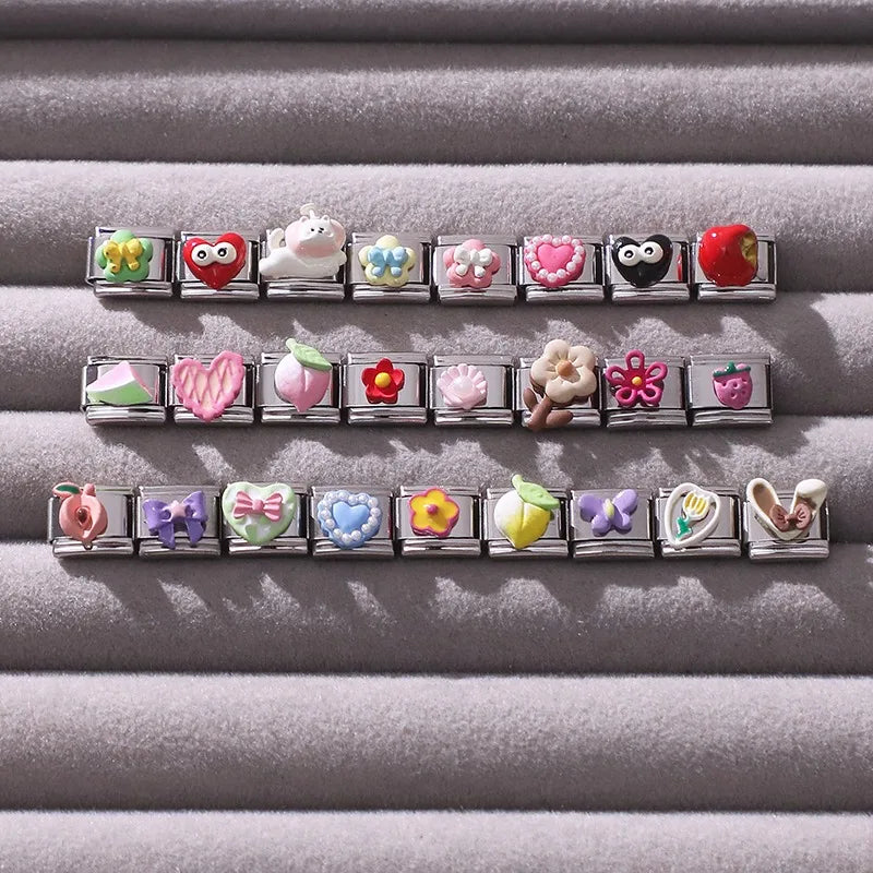 2025 Wholesale 3D Colorful Bows Flowers Love Heart Italian Charm Link fit 9mm Stainless Steel Jewelry DIY Making Bracelets Gifts