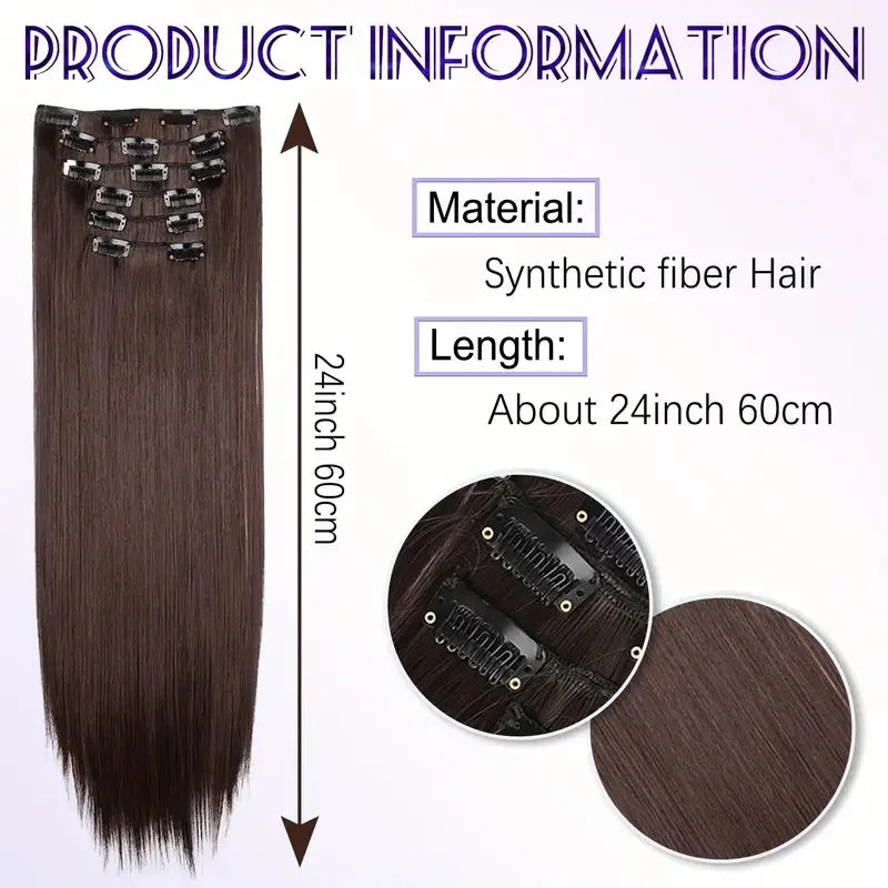 Synthetic 6pcs/set Long Straight Hair Extensions Ultra-Invisible Full Head Clip in Hair Extensions 24Inch for Women Daily Wear
