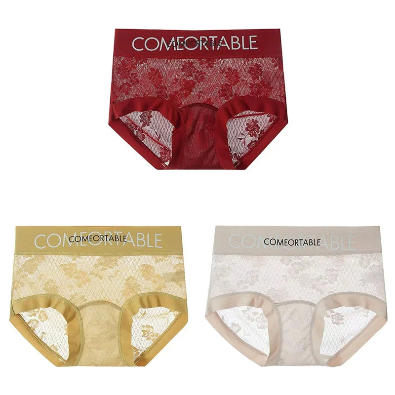 3PCS Women Sexy Lace Panties Mulberry Silk Antibacterial Hollow Out Underwear Plus Size Floral Perspective Briefs