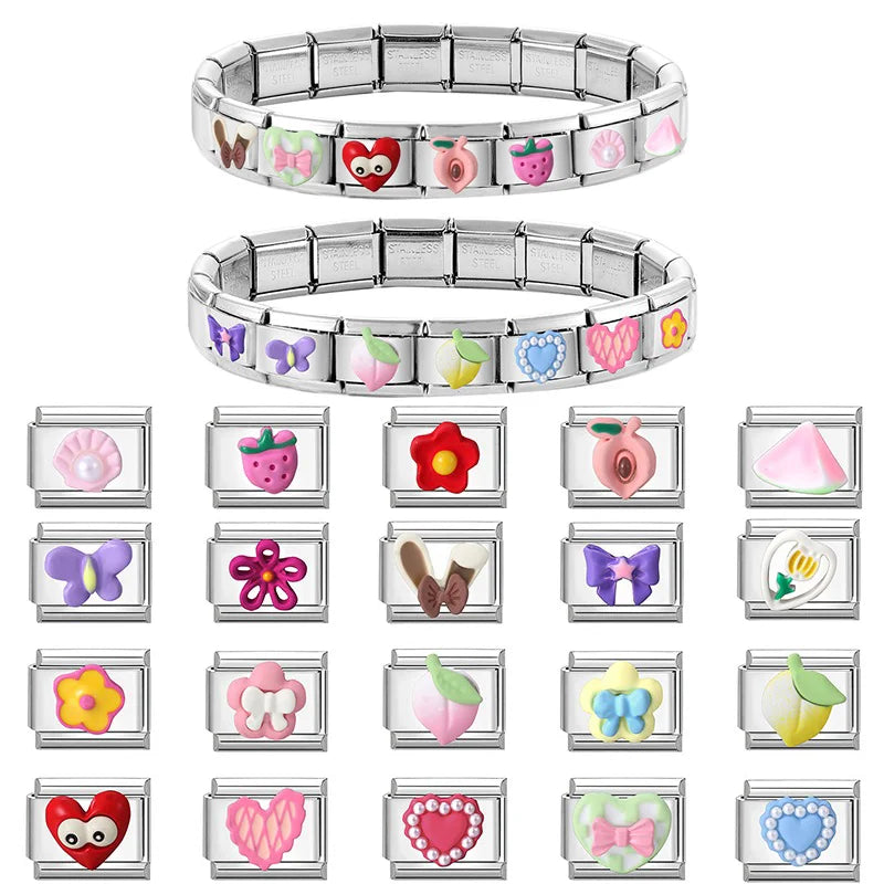 2025 Wholesale 3D Colorful Bows Flowers Love Heart Italian Charm Link fit 9mm Stainless Steel Jewelry DIY Making Bracelets Gifts