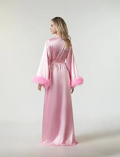 Long Feather Sleeve Bathrobe Sexy Ice Silk Kimono Wedding Bride Dress Women Loose Sleepwear Loungewear Casual Nightgown