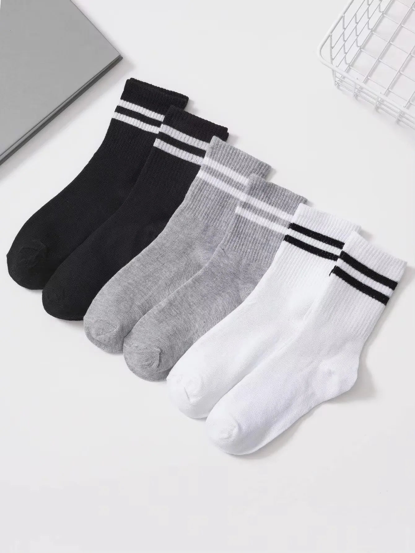 6 Pairs Women's High Tube Mid Length Stockings Set in Pure Black And White With Parallel Bars Popular and Sweat Absorption
