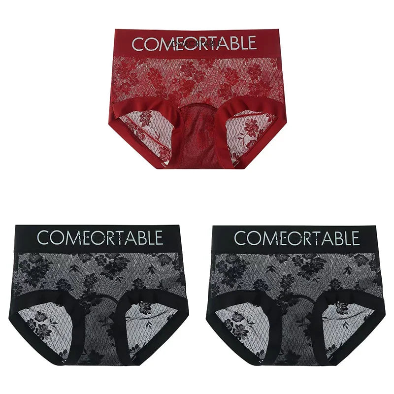 3PCS Women Sexy Lace Panties Mulberry Silk Antibacterial Hollow Out Underwear Plus Size Floral Perspective Briefs