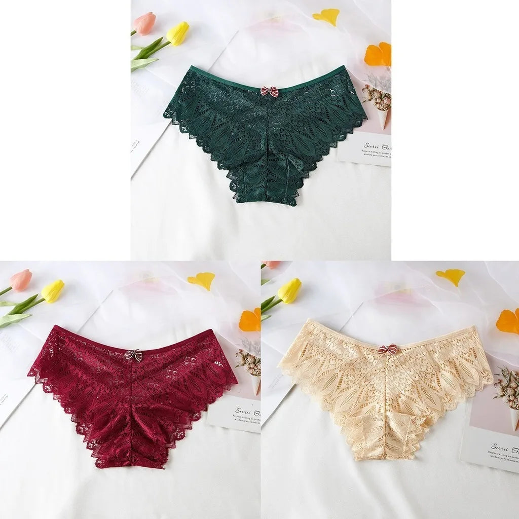 3pcs Women Panties Hollow Out Mid Waist Lace Panties Seamless Tummy Control Cross Sexy Briefs S-XL Underwear