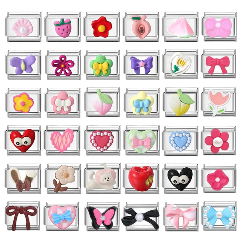 2025 Wholesale 3D Colorful Bows Flowers Love Heart Italian Charm Link fit 9mm Stainless Steel Jewelry DIY Making Bracelets Gifts