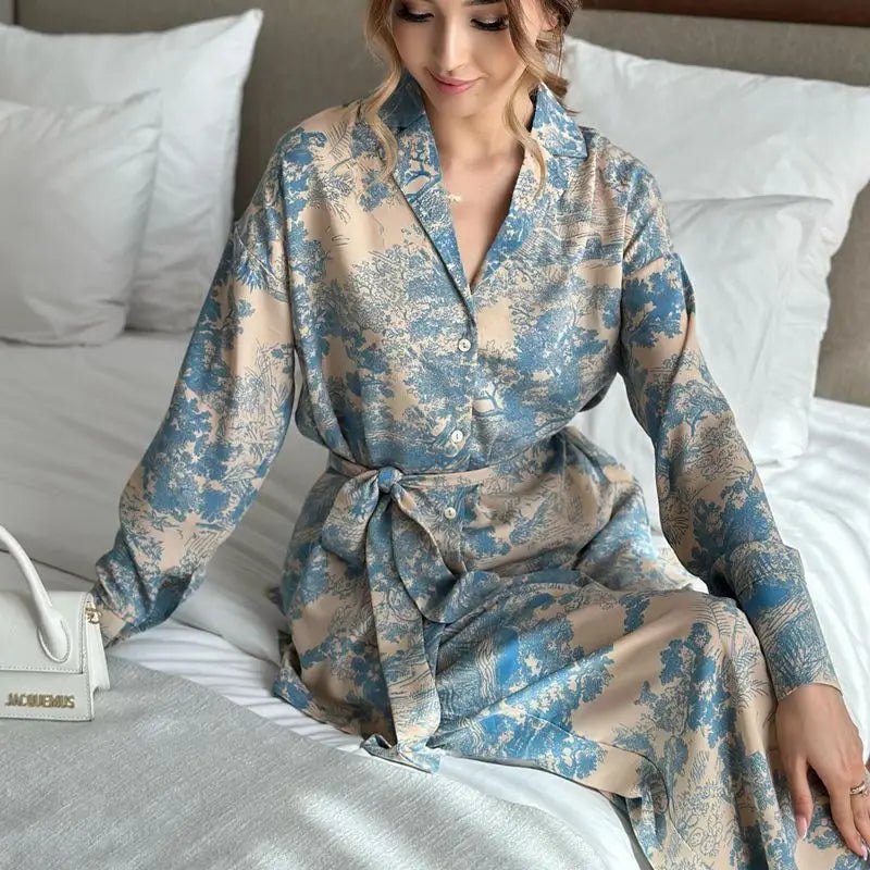 Hot Selling New Fashionable Sleepwear French Printed Long Sleeved Blue Graffiti Two-Piece Pajamas High Waisted Women's Pajamas