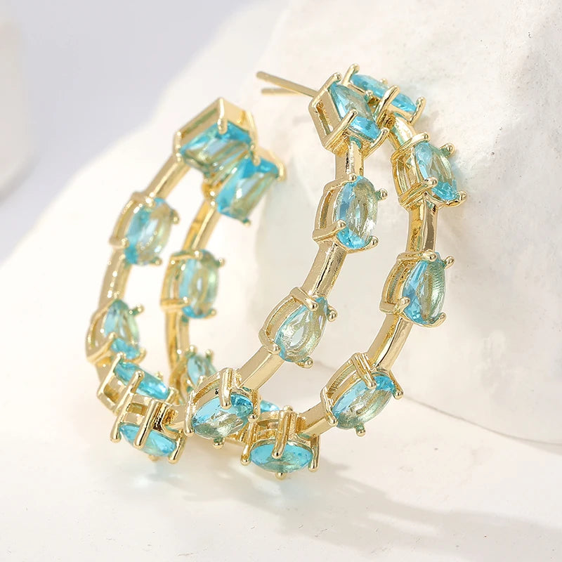 Fashion Blue Synthetic Zirconia Inlaid C-shaped Golden Plated Hoop Earrings for Women's Elegant Exquiaite Banquet Jewelry Crafts