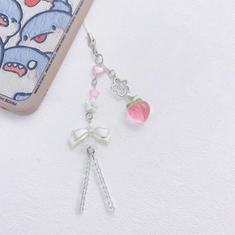 1/2Pcs Y2K Peach Flower Beads Pendant Phone Strap Lanyard Pocket Keychain Strap Backpack Charm Car Key Decoration Chain Keyring