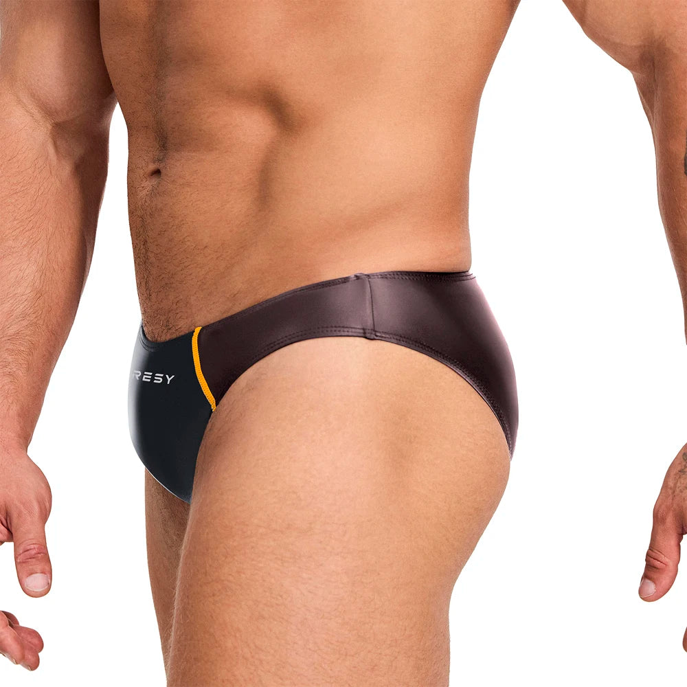 AMORESY Men Spandex Swimming Trunks Matching Color, Low Waist Sexy Sports Long Tight Oily, Comfortable Silk Briefs, Briefs