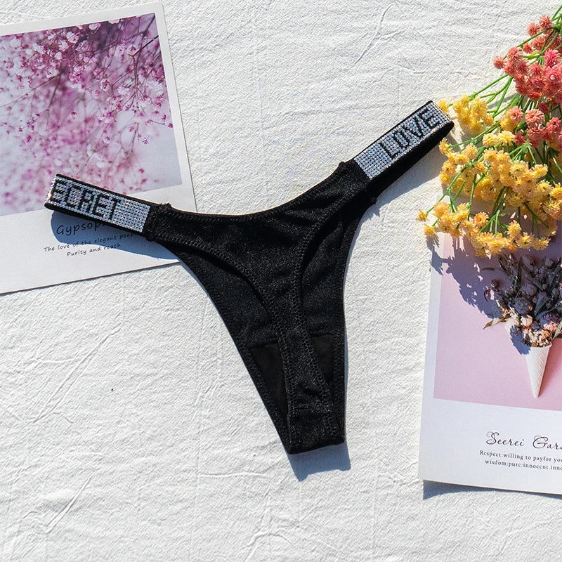 Sexy Panties G-string Sports Women Thong T-back Fitness Secret Rhinestone Sexy Lingerie Letter Diamonds Female Underwear