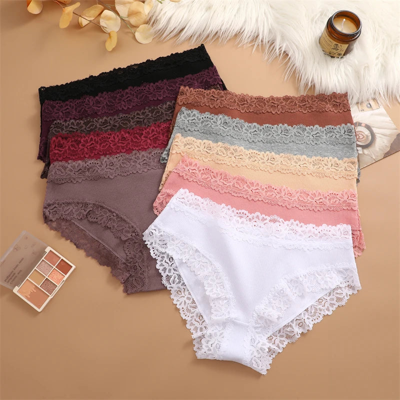 FINETOO 4Pcs Cotton Ribbed Striped Underwear Women's Lace Panties Sexy Floral Comfortable Briefs Low-Waist Breathable Lingerie