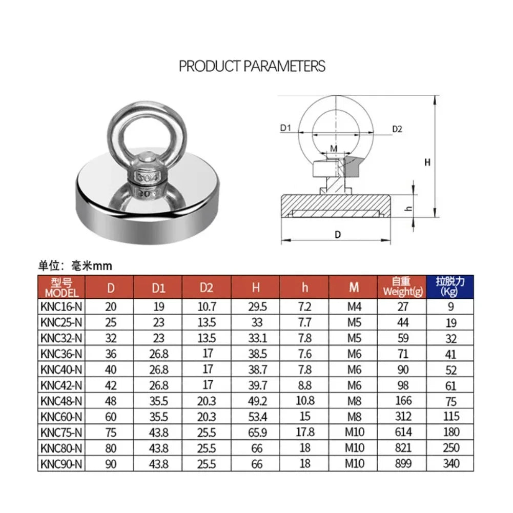 Powerful Magnet Neodymium Magnets Fishing Heavy Duty Imanes Magnet with Countersunk Hole Eyebolt for Salvage Magnetic Fishing