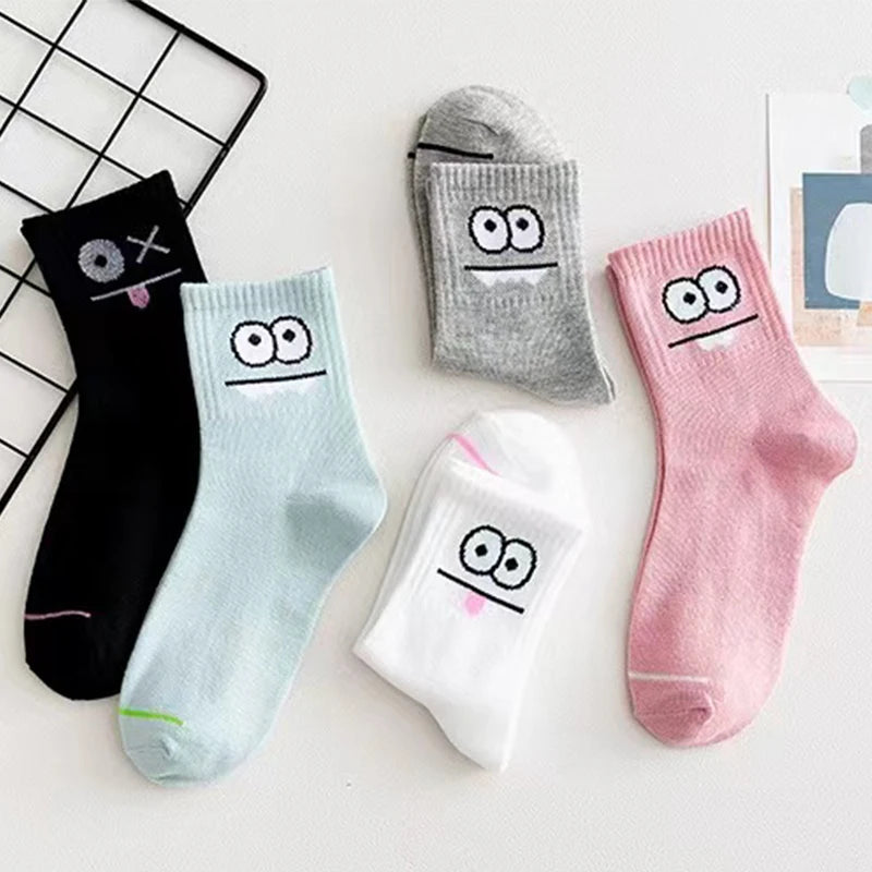 5 Pairs Cute Expression Print Socks – Comfy Funny Mid-Calf Crew Socks, All-Match Women’s Cotton Rich Casual Socks