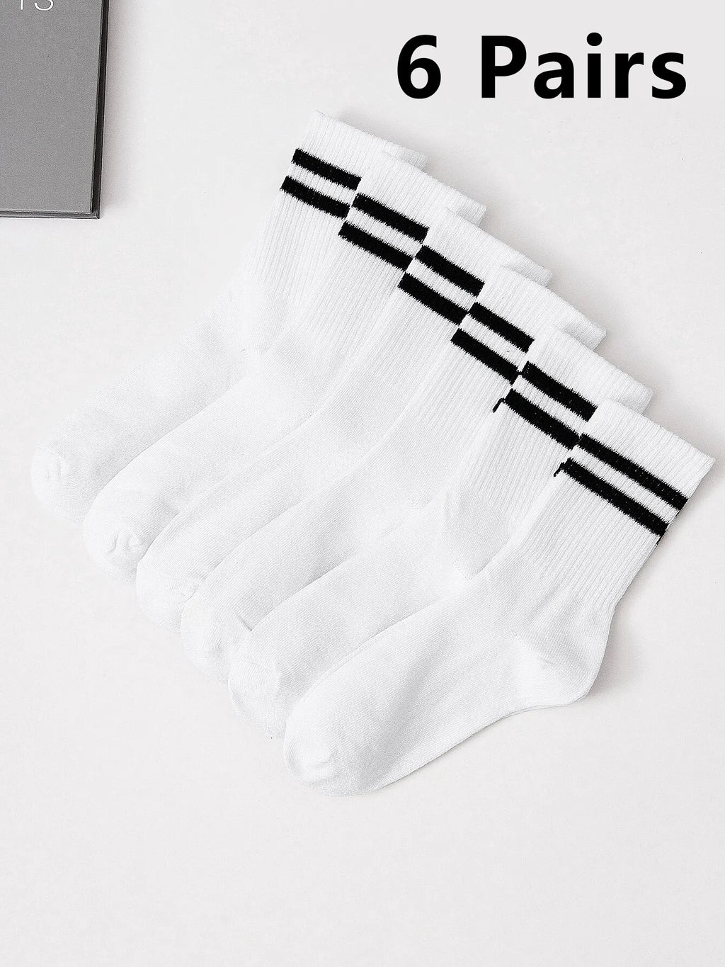 6 Pairs Women's High Tube Mid Length Stockings Set in Pure Black And White With Parallel Bars Popular and Sweat Absorption