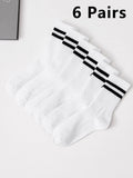 6 Pairs Women's High Tube Mid Length Stockings Set in Pure Black And White With Parallel Bars Popular and Sweat Absorption