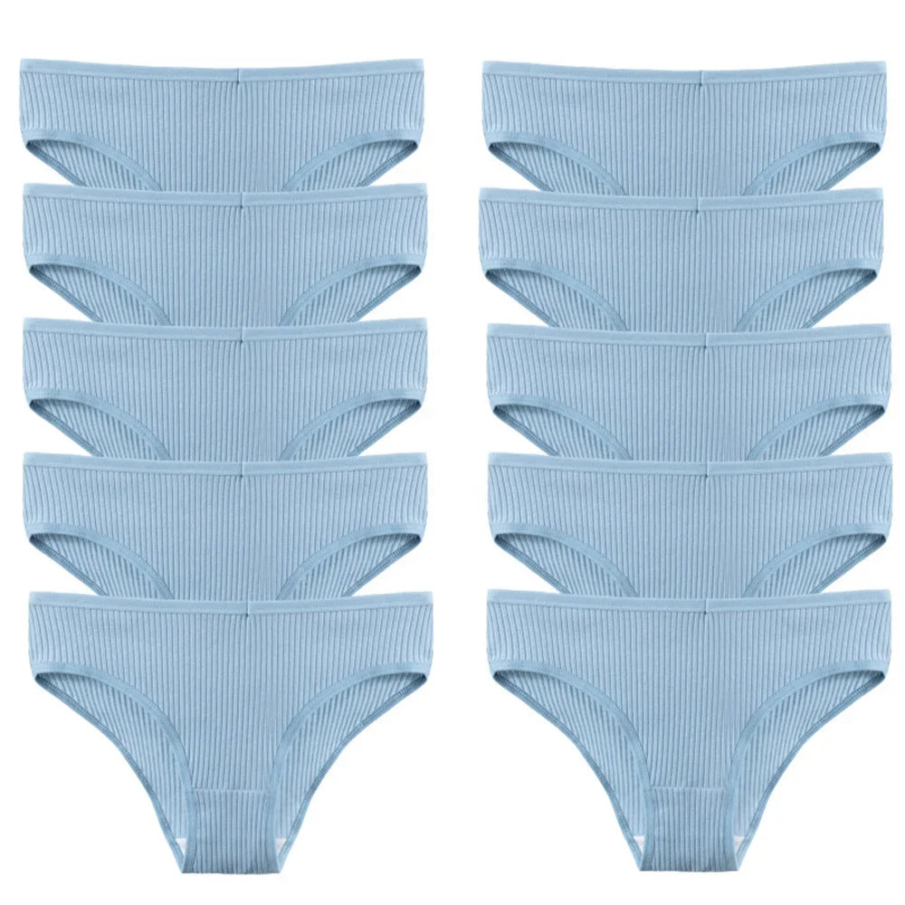 10Pcs/Set Solid Ribbed Seamless Sexy Panties Pure Cotton Breathable Underwear Low Waist Hip-covered Briefs Lingerie Wholesale