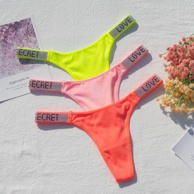 Sexy Panties G-string Sports Women Thong T-back Fitness Secret Rhinestone Sexy Lingerie Letter Diamonds Female Underwear