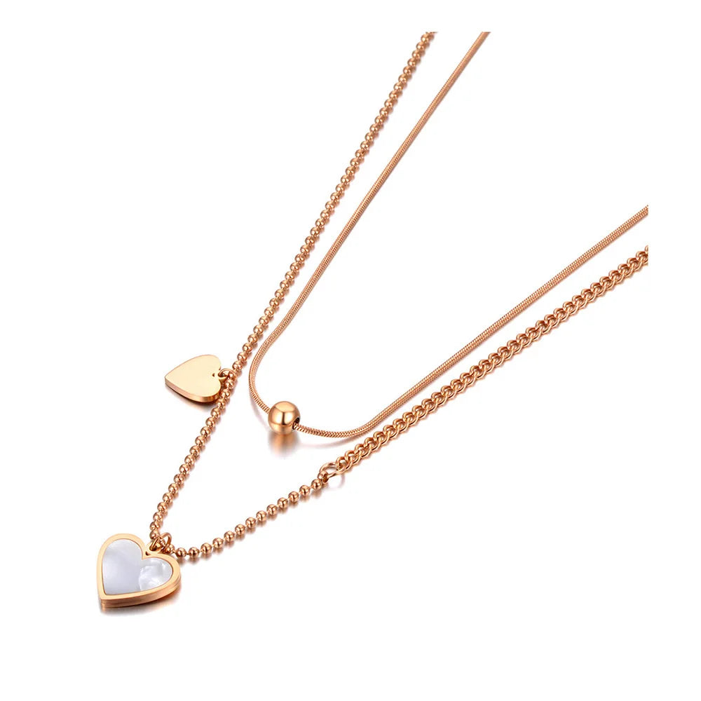 Lokaer Double Layer Trendy Shell Heart Pendant Necklaces For Women Girls Stainless Steel CZ Crystal Chain Choker Necklace N21257