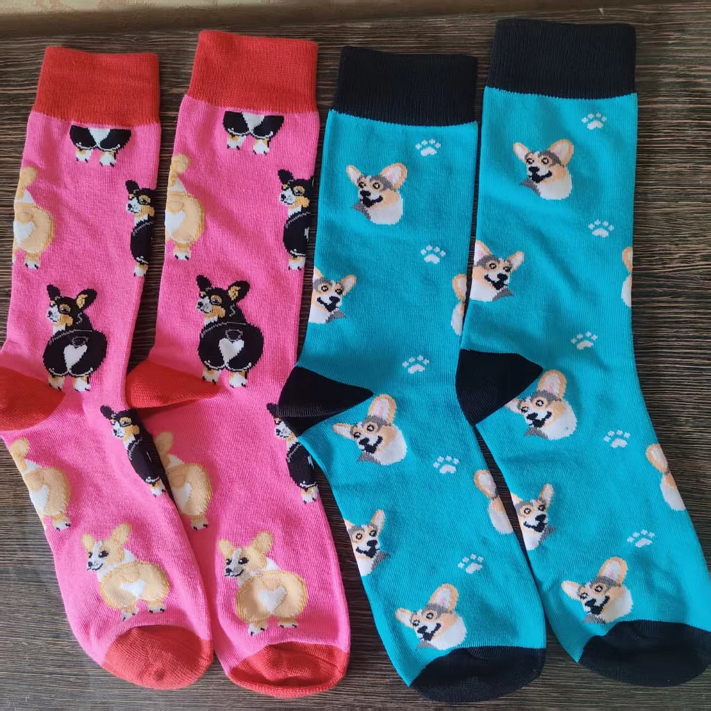 Funny Dog Pattern Cotton Men Crew Sock Corgi Pug Lover Gift Men Husband Cute Street Socks Novelty Funky Pink Blue Red Birthday