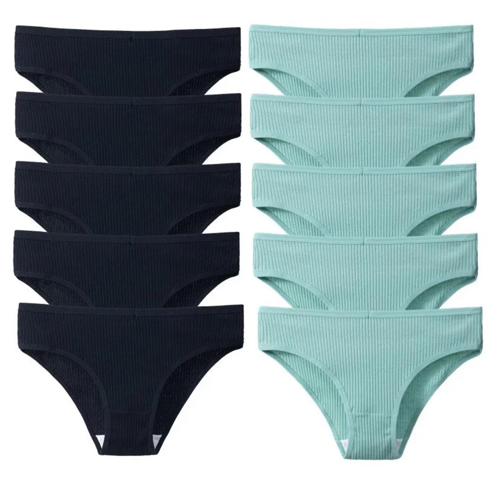 10Pcs/Set Solid Ribbed Seamless Sexy Panties Pure Cotton Breathable Underwear Low Waist Hip-covered Briefs Lingerie Wholesale