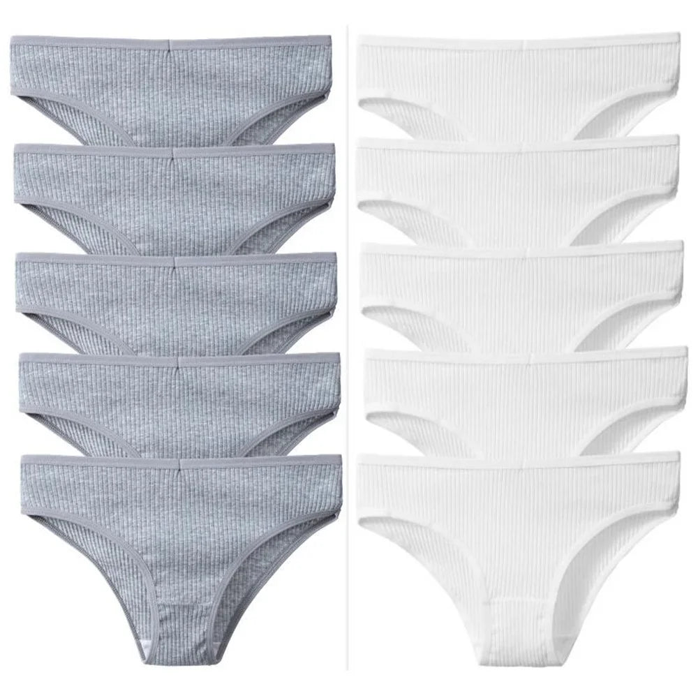 10Pcs/Set Solid Ribbed Seamless Sexy Panties Pure Cotton Breathable Underwear Low Waist Hip-covered Briefs Lingerie Wholesale