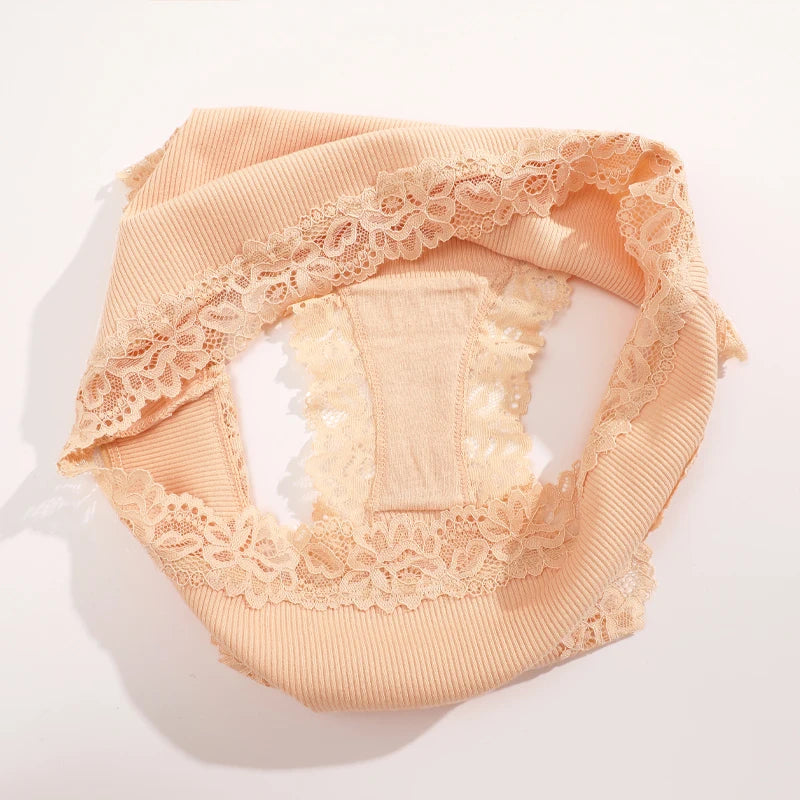 FINETOO 4Pcs Cotton Ribbed Striped Underwear Women's Lace Panties Sexy Floral Comfortable Briefs Low-Waist Breathable Lingerie