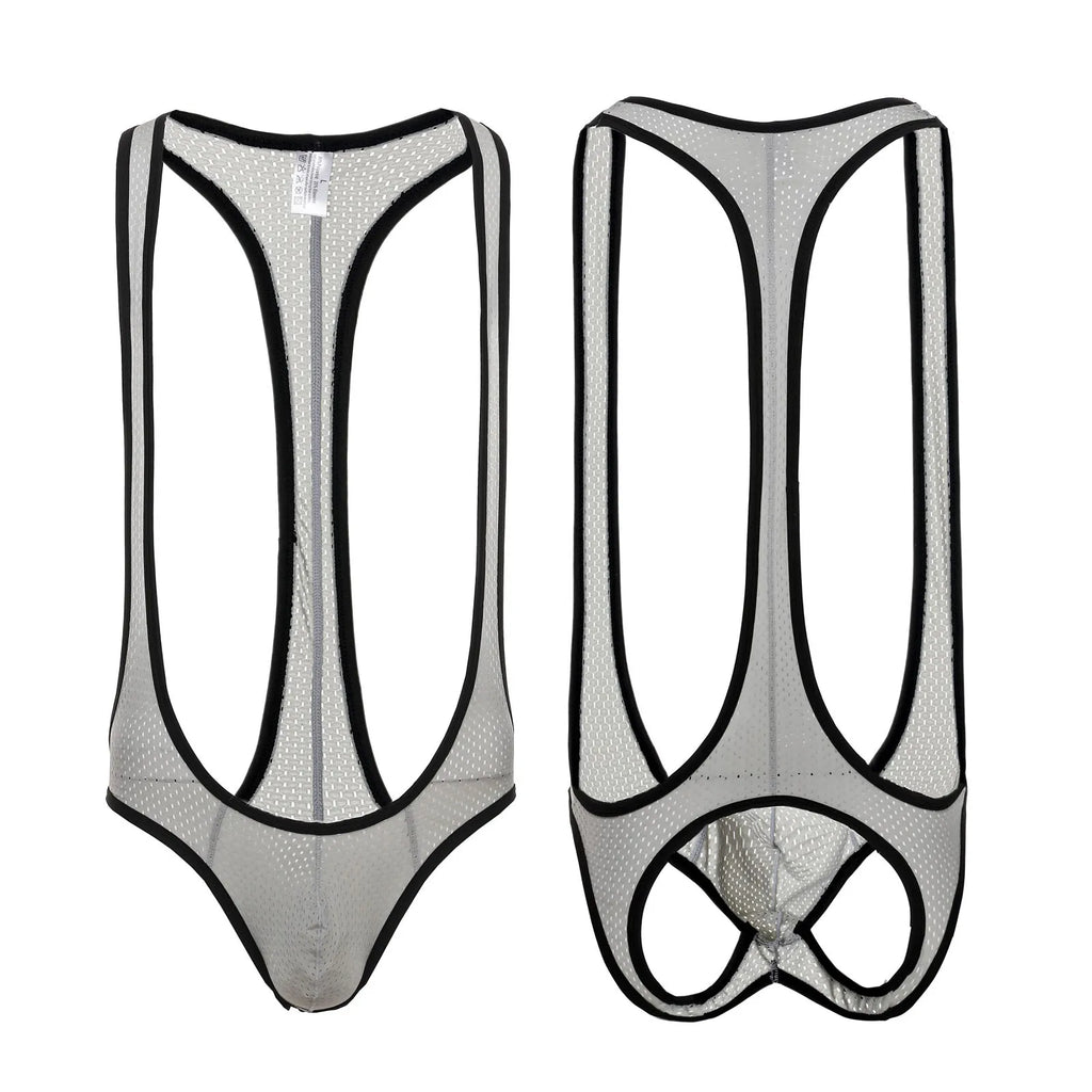Mesh Sexy Lingerie Bodysuit Mens Backless One Piece Jockstrap Wrestling Singlet Bondage Mankini Body Suit Briefs