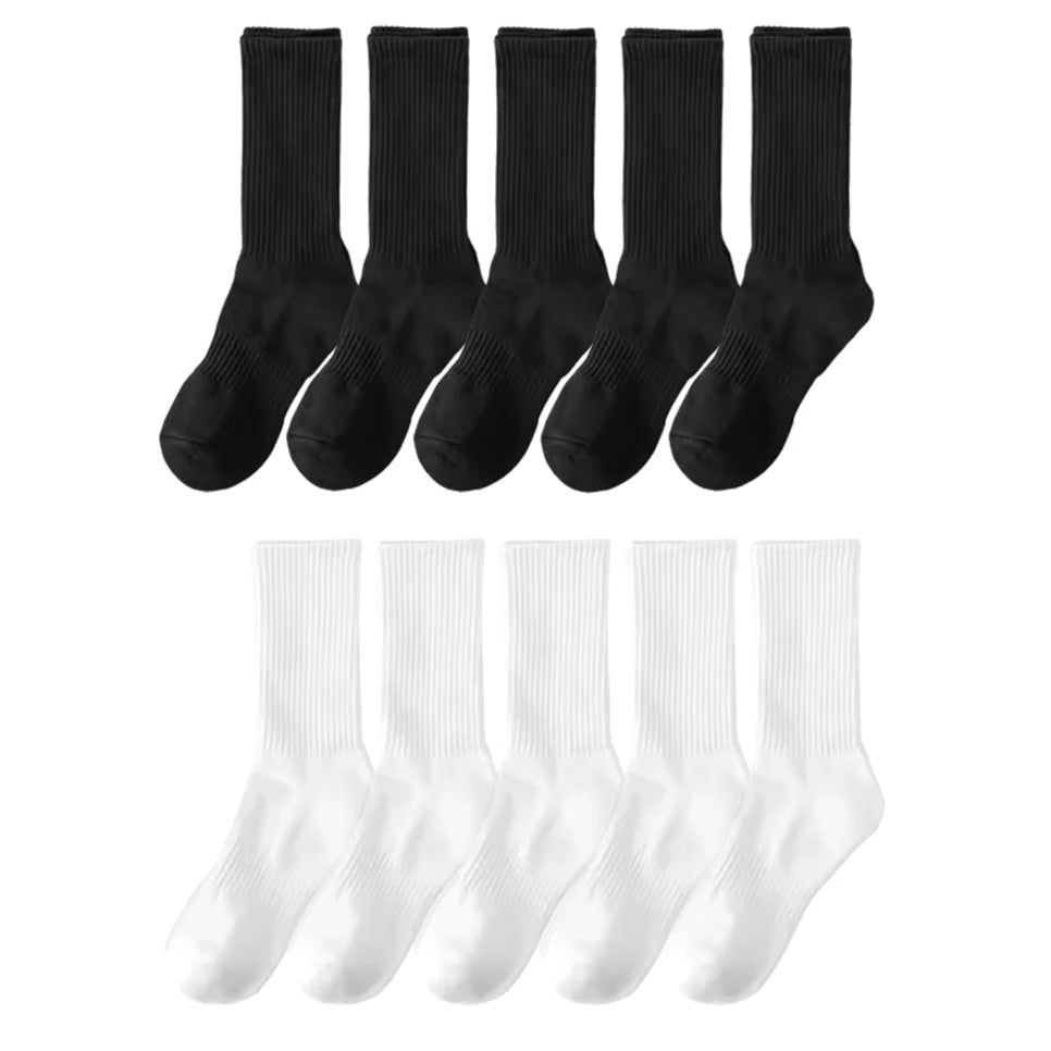 20Pairs Pure Cotton Men's High Socks Classic Black White Breathable Sweat-Absorbent Warm Elastic Sports Socks
