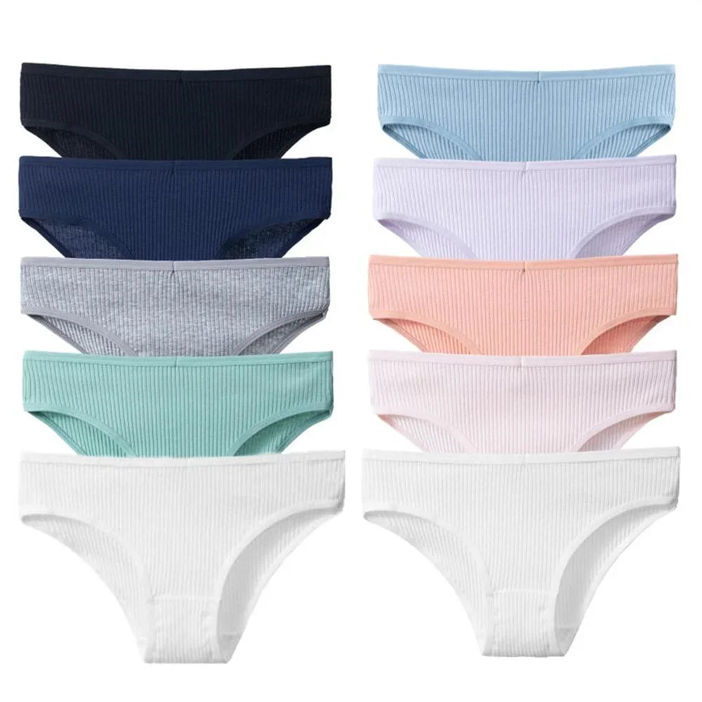 10Pcs/Set Solid Ribbed Seamless Sexy Panties Pure Cotton Breathable Underwear Low Waist Hip-covered Briefs Lingerie Wholesale